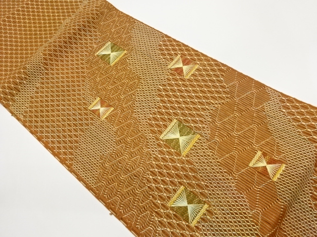 変わり織道長取に菱・亀甲模様刺繍夏用名古屋帯